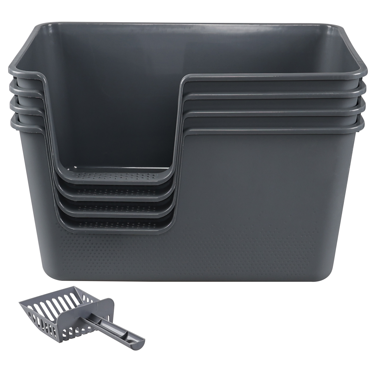 Lesbin 4-Pack Open Top Large Cat Litter Box with High Sided, 12.8" Heigh Anti-Splashing Kitty Litter Box with Scoop, Gray