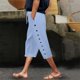 thumbnail image 2 of Pantalones capri elásticos con botón para mujer - Pantalones informales holgados de color liso, 2 of 8
