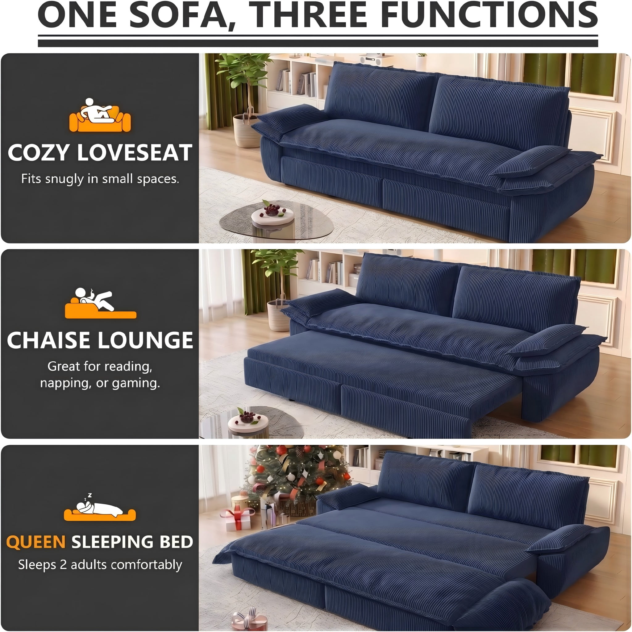 Multi-Functional Corduroy Convertible 3-in-1 Sofa Bed, Queen Size Loveseat Sleeper Couch, Light Blue