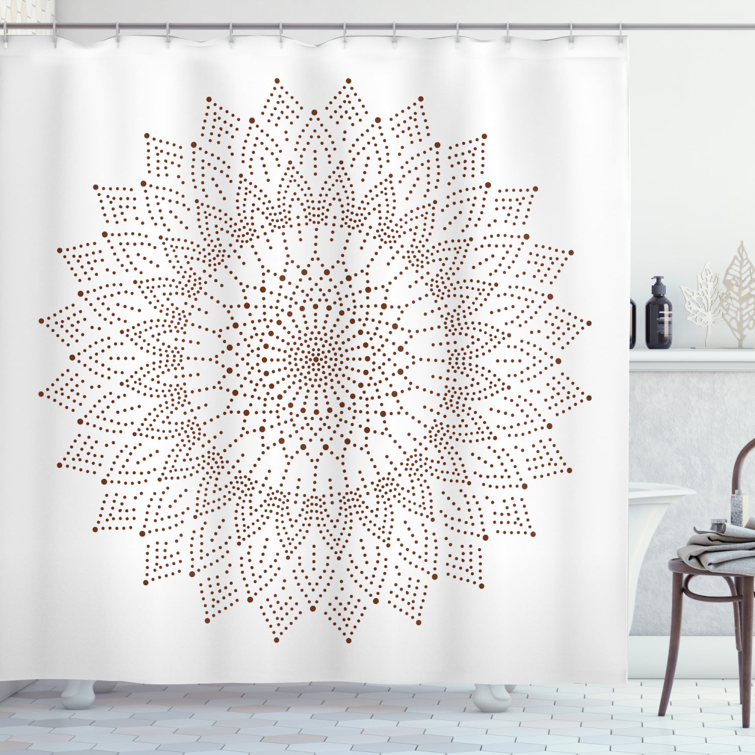 Brown Mandala Pattern Shower Curtain Fabric Decor Set with Hooks 4 Sizes 