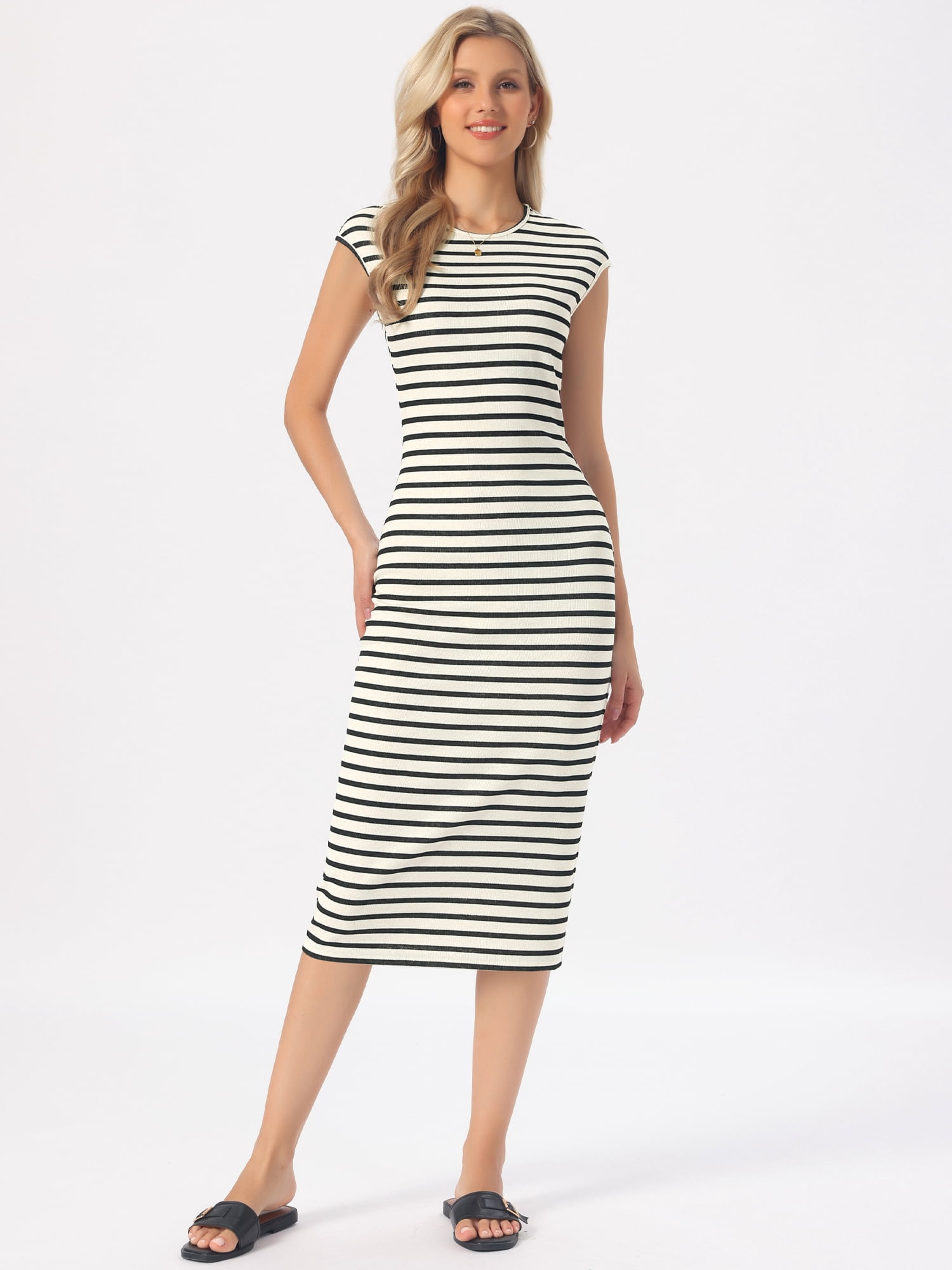 DARING DIVA Women's Knit Bodycon Cap Sleeve Crew Neck Striped Dress XL Apricot Black