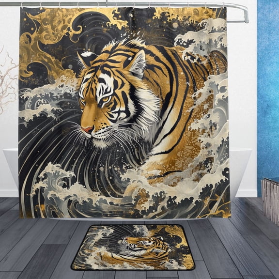 BZSMCE Shower Curtain and Bath Accessory Set,Fierce Waves Pattern
