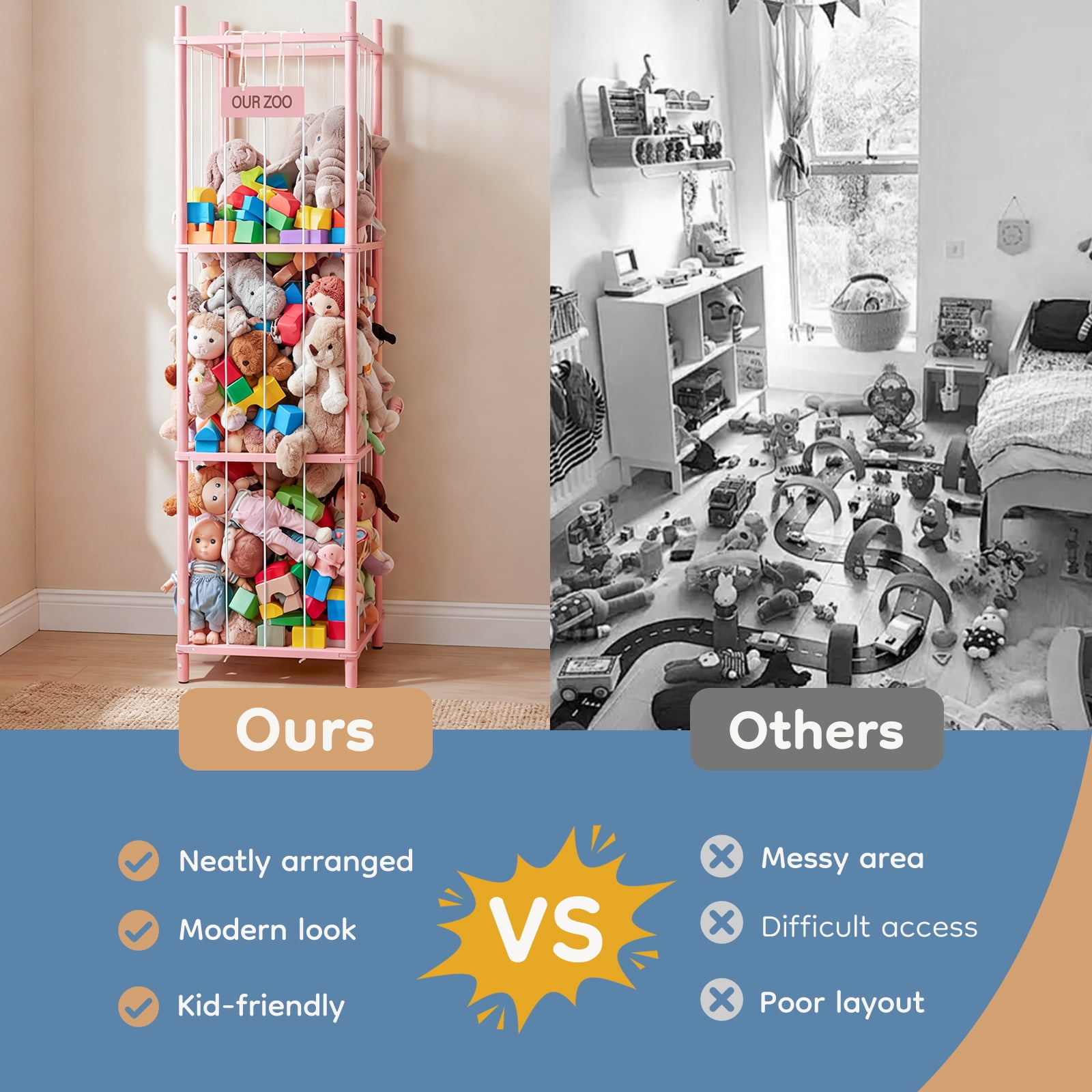 CONCETTA Toy Storage Organizer, Wooden Toy Holder Cage - Holds 40+ Plush Toys, Sturdy Wood & Steel Screw Construction for Toddler Room, Playroom, Bedroom, Pink