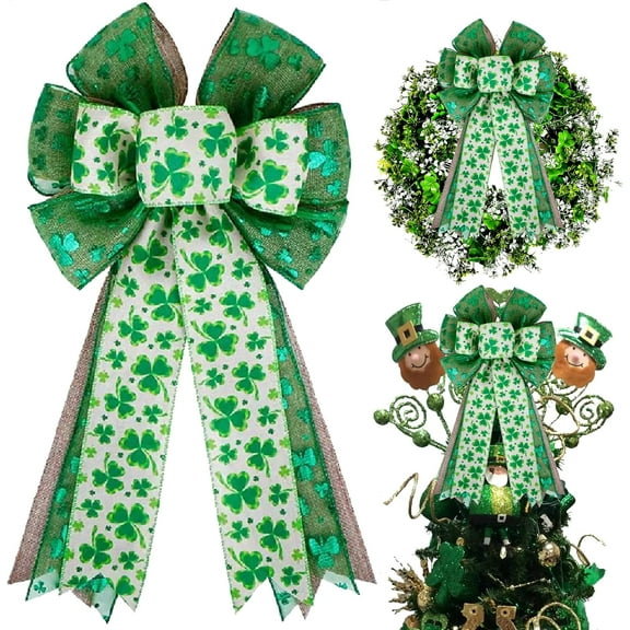 Janrevotw St Patricks Day Bow for Wreath Decorations,St Patricks Day Tree Topper Bows,Large Burlap White Green Glitter Shamrock Bowknot Irish Holiday Crafts Bows for Front Door Outdoor Outside