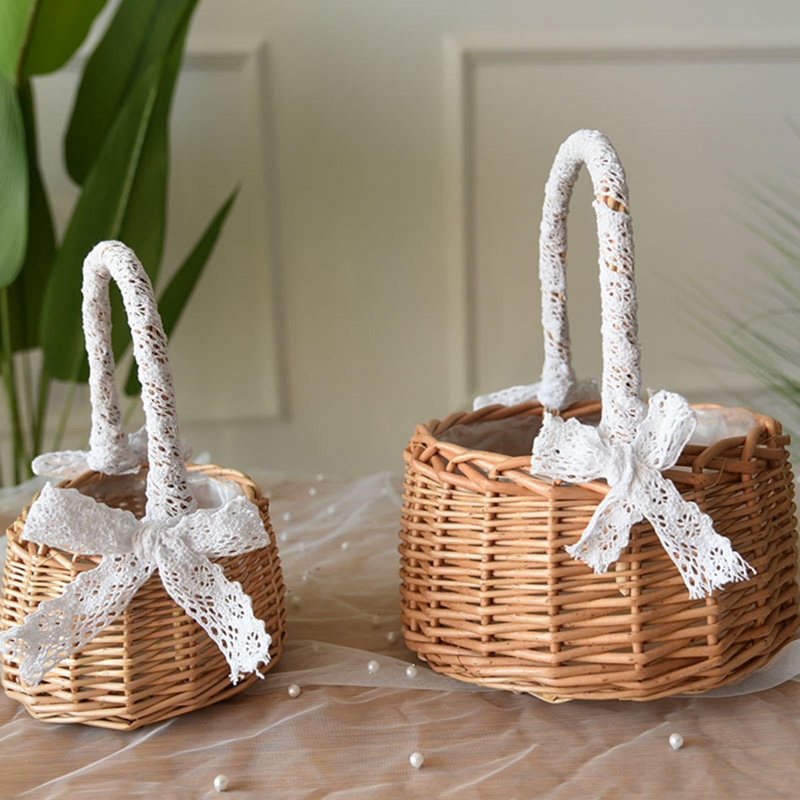 Rattan Storage Basket with Handles Lace Bow Decor Wedding Flower Girl Gifts indoor and outdoor Flower Pot Plant Holder , M M