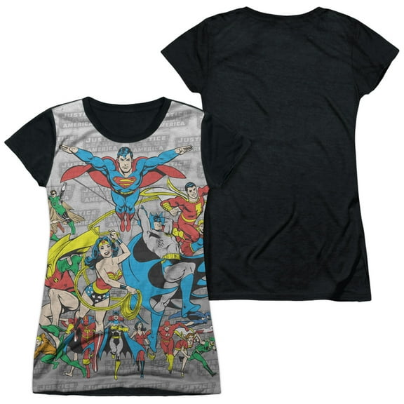 Dc - Justice League Assemble - Juniors Teen Girls Black Back Sleeve Shirt - X-Large