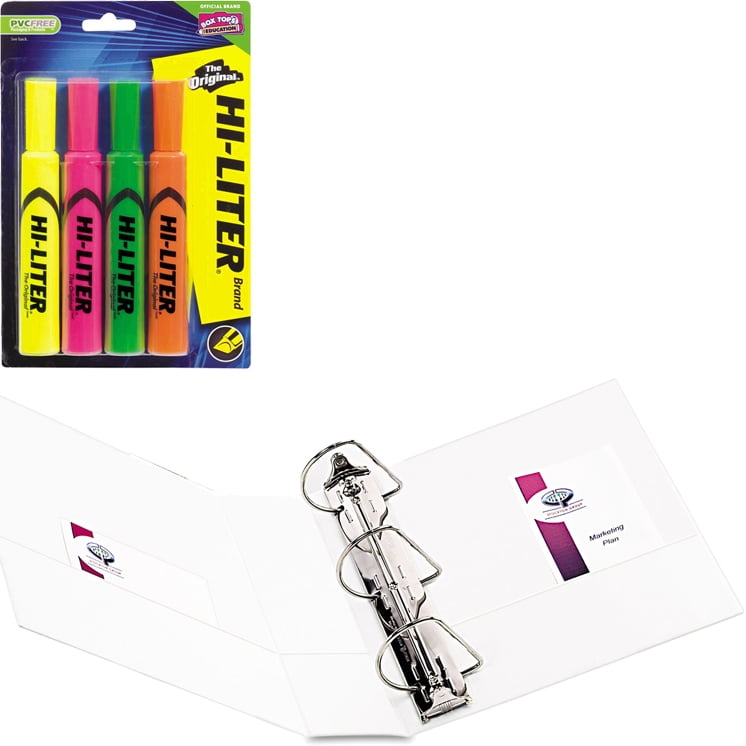Avery Desk Style Hi-Liter, Assorted Colors, 4 pack and Avery Durable Slant Easy Insert 4" Ring View Binder Bundle
