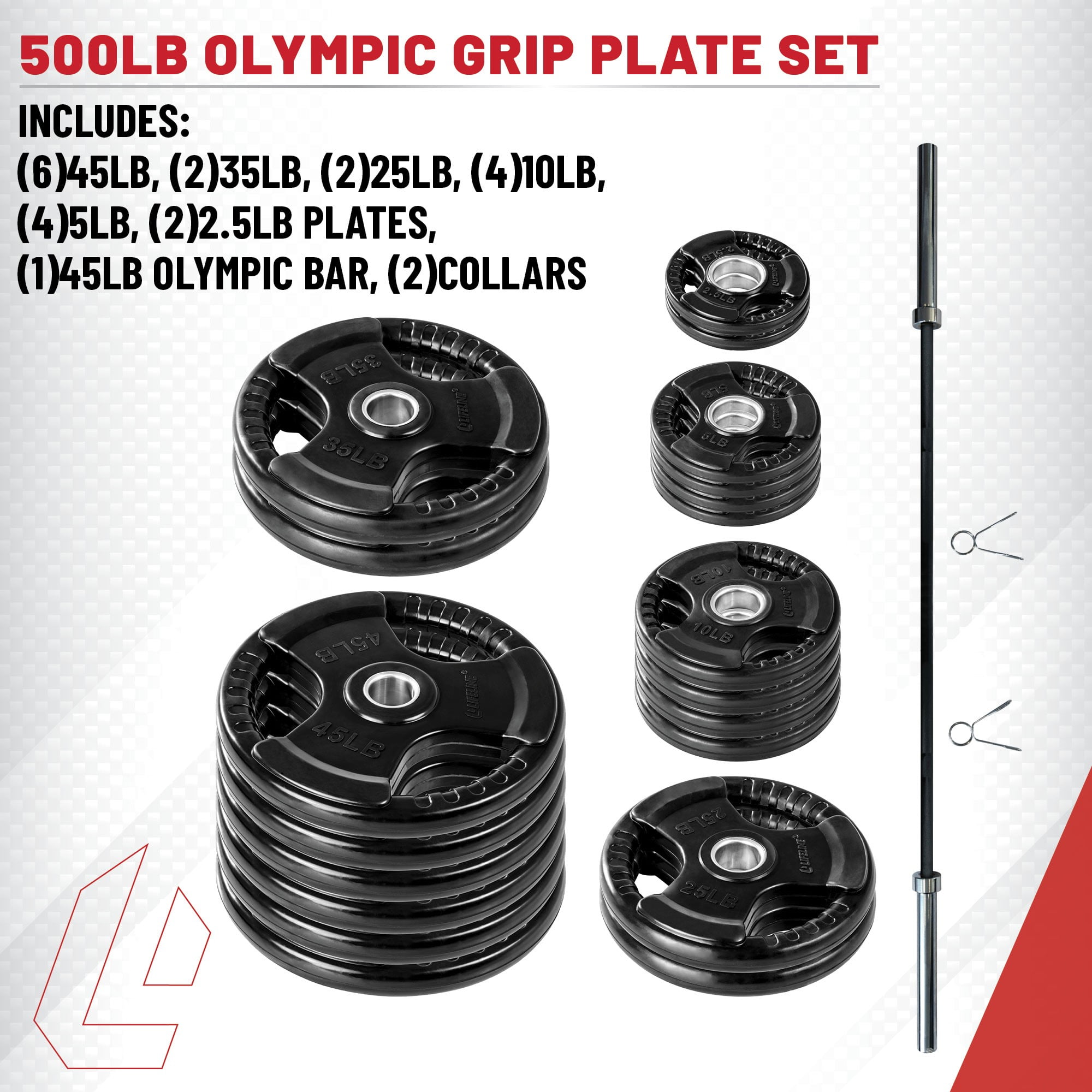 Lifeline Fitness 500 LB Olympic Weight Set - Rubber Coated Olympic Weight Plates, Barbell, and Clips