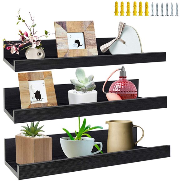 Lavezee 16 Inch Black Floating Shelves Set of 3, Picture Ledge Wall Shelf for Bedroom, Living Room, Office, Kitchen