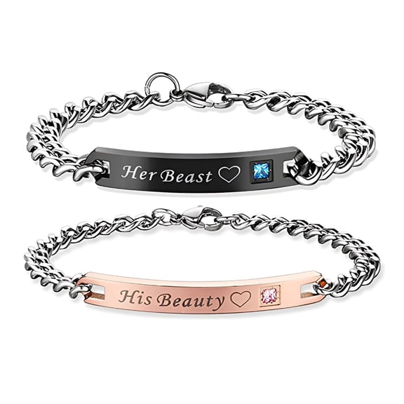 DESIGNICE Relationship Bracelets for Couples Set Her Beast His Beauty 2 Pcs Romantic Lettering Couples Link Bracelets Promise Gifts Birthday Present for Teens Girls Boys Women Men