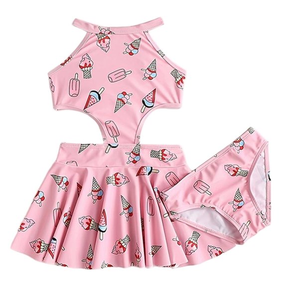 Einccm Girls Two Piece Swimsuit Set for 1-6 Years, Ice Cream Print Halter Neck Swim Dress with Ruffle Skirt and Matching Bottoms, Cute Fashionable Stretchy Beach Swimwear for Pool