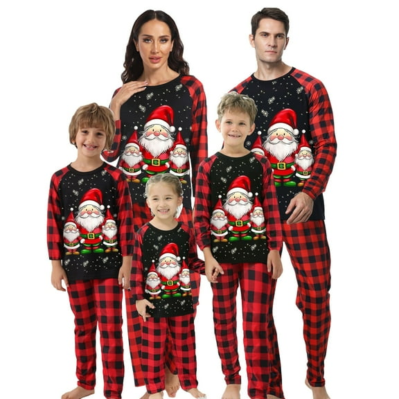 Family Christmas Pajamas Matching Sets Casual Graphic Santa Printed Plaid Long Sleeve and Pants Outfits Cozy PJ Loungewear Kids Black 5Y