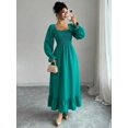 thumbnail image 2 of Emerald Green Square Neck Smocked Long Sleeve A-Line Ruffle Hem Midi Dress For Women, 2 of 6