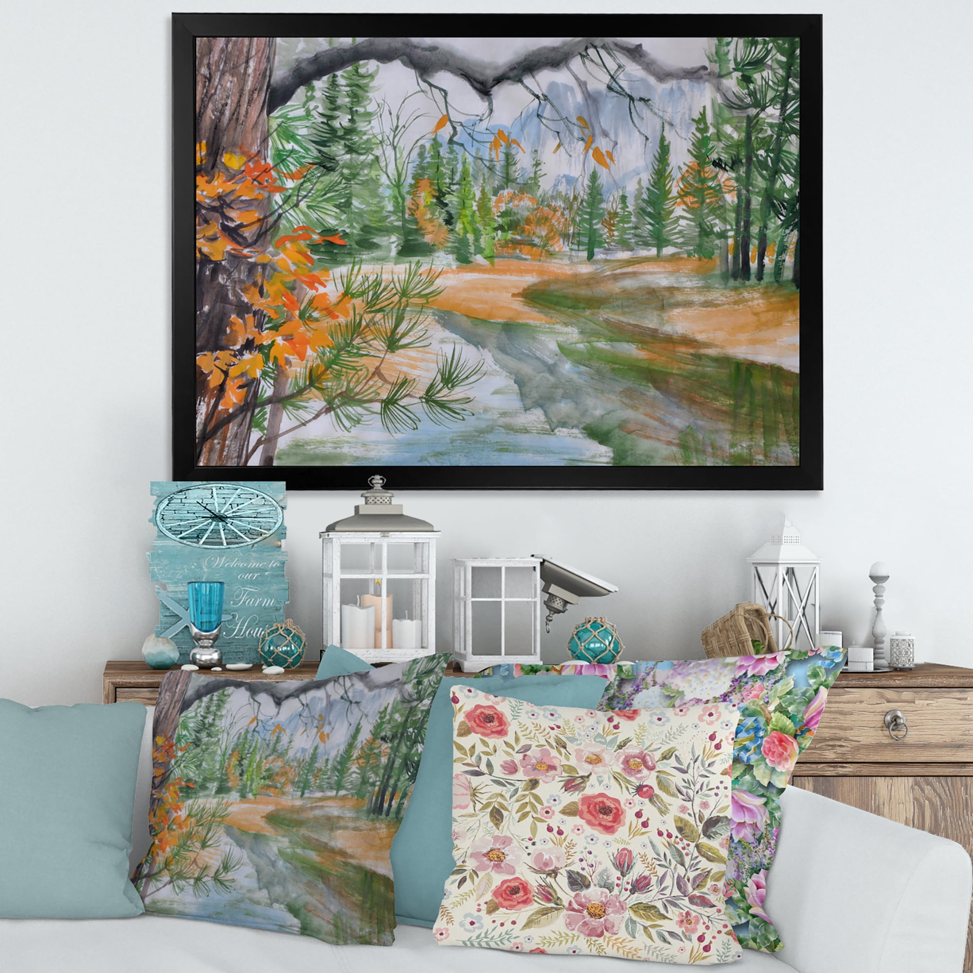 Designart 'Trees With River In Autumn Forest' Lake House Framed Art Print