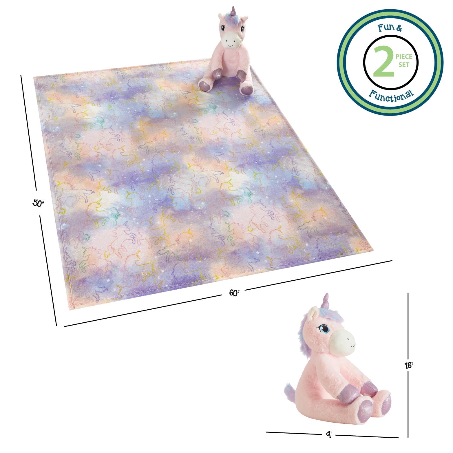 (2 pack) Your Zone 16 " Huggable Unicorn Pillow & 50" x 60" Throw Set, Pink