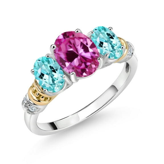 Gem Stone King 925 Sterling Silver and 10K Yellow Gold Oval Pink Created Sapphire Blue Apatite and White Diamond 3 Stone Ring for Women (2.73 Cttw, Gemstone September Birthstone, Size 5)