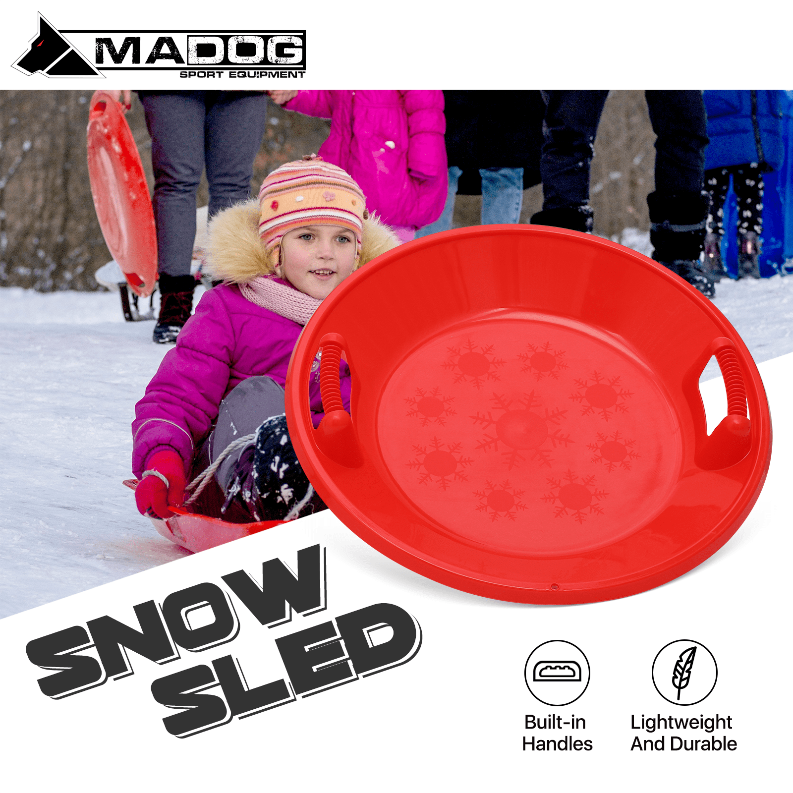 Superio Round Snow Saucer Sleds- 24" Plastic Disc Sleds For Kids And Adults Heavy Duty Sled Discs With Handles For Downhill Sledding Winter Outdoor Sports Red Blue Green