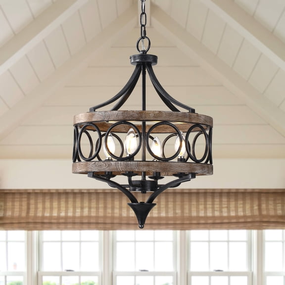 Cusp Barn 16" 4-Light Farmhouse Chandelier, Rustic Wood and Black Metal Pendant Light for Dining Room, Foyer, Living Room