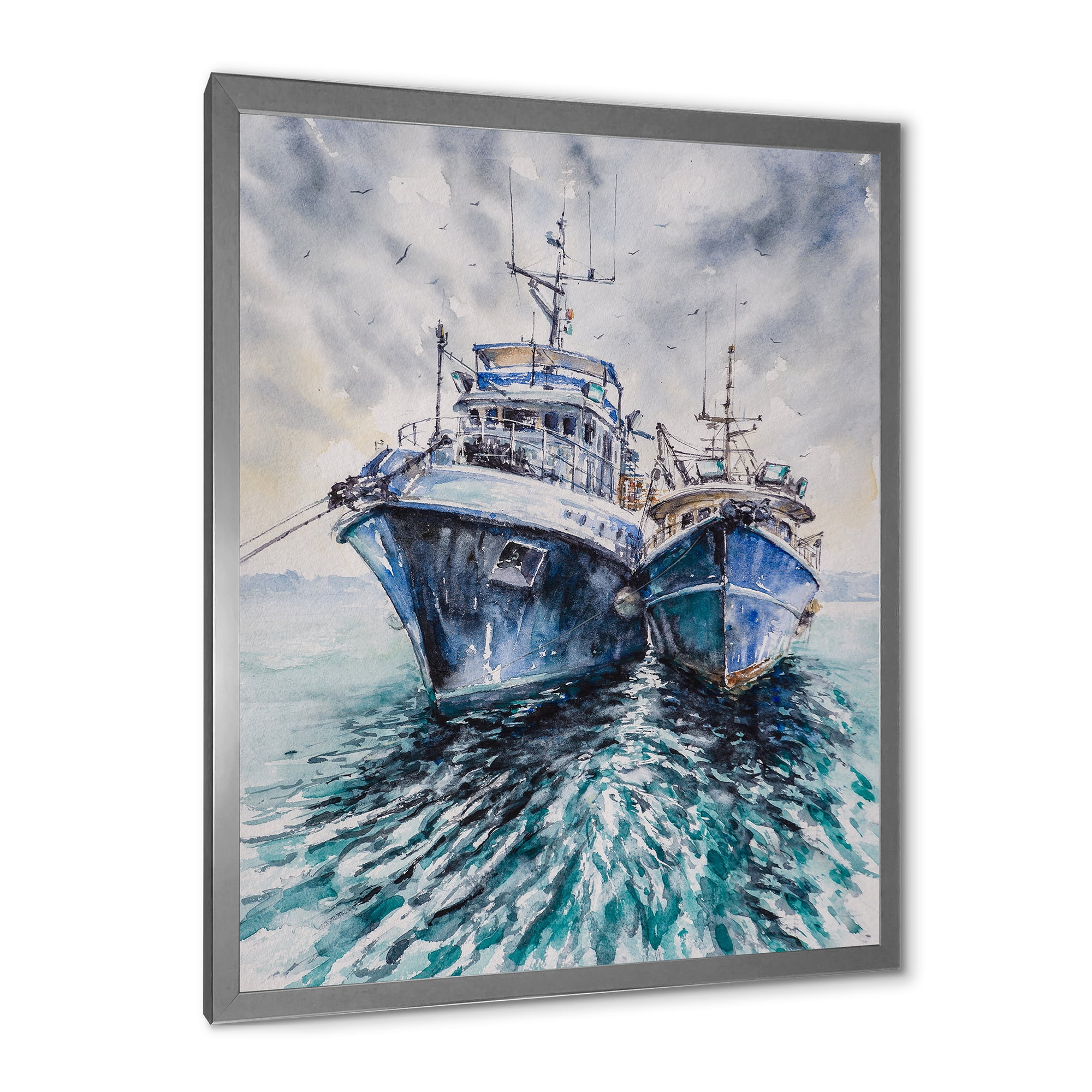 Designart 'Blue Fishing Boats Before A Storm Anchored' Nautical & Coastal Framed Art Print