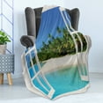 thumbnail image 4 of Ocean Soft Flannel Fleece Throw Blanket, Paradise Island View from Wooden Gazebo Window Palm Tree Sandy Beach Picture, Cozy Plush for Indoor and Outdoor Use, 50" x 70", White Green Blue, by Ambesonne, 4 of 5