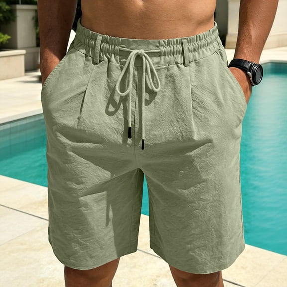 Domuza Men's Linen Shorts Lightweight Cotton Breathable Casual Shorts for Men Summer Beach Vacation Yoga Army Green L