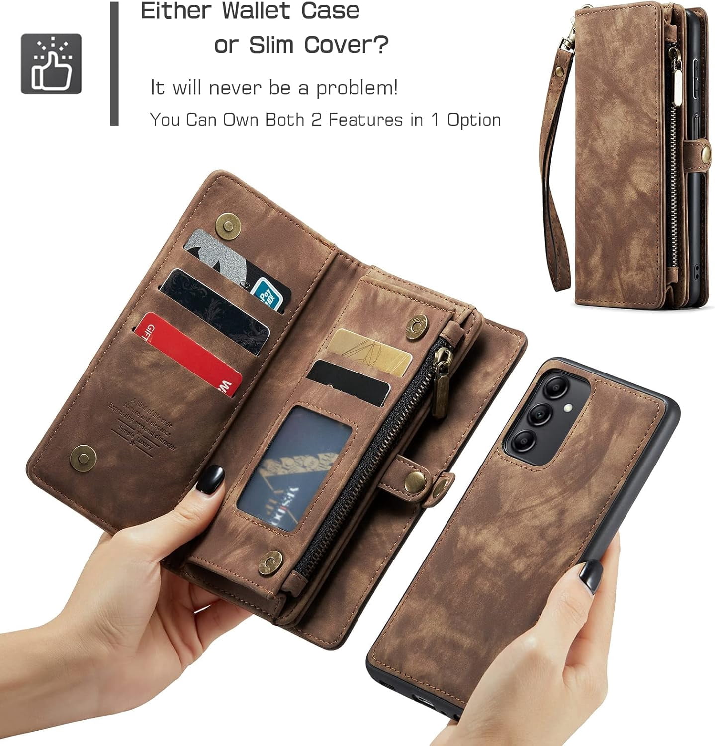 Phone Case for Samsung Galaxy A14 5G Zipper Wallet Detachable Cover with Tempered Glass Screen Protector and Leather Flip Credit Card Holder TPU Cell Accessories A 14 4G 14A G5 Women Men Brown