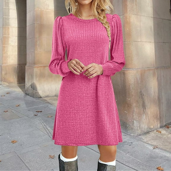 Women Knit Dress Puff Long Sleeve Dress For Fall Winter Round Neck Casual Tunic Dress Aline Summer Dresses for Women Mature Womens Dresses Long Summer Dresses for Women Beach Dress for Women Womens