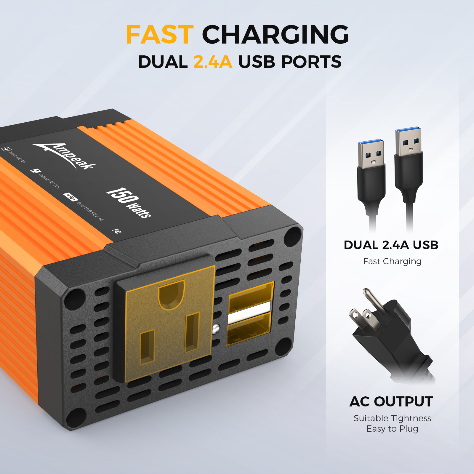 Ampeak 150W Car Power Inverter 11 Safe Charging DC 12V to AC 110V Car Converter 4.8A Dual USB