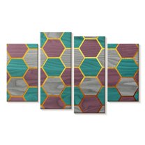 Elephant Stock Hexagon Geometric Pattern Wall Art - Horizontal Multi Panel Canvas - Living Room Wall Decor - Abstract Multi Panel - Gray And Purple Decor - 52" x 32"