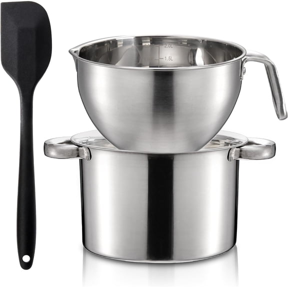 Double Boiler Pot Set with Silicone Spatula, 2000ML/1.8QT Chocolate Melting Pot with 2800ML/2.54QT Stainless Steel Pot, Candy Melting Pot, Chocolate Melter for Butter, Caramel, Cheese, Wax