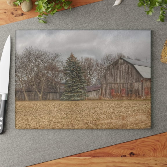 U R There Photography Frankenmuth Flint Street Farm Rustic Farmhouse Tempered-Glass Cutting Board 11"x 15"