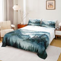 Manfei Woodland Jungle Plants 4-Piece Full Size Sheets for Children Teens,Moutain Trees Bed Sheets,Botanical Theme Lightweight Sheet Sets,Lightweight Room Decor