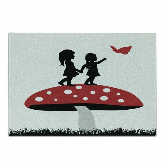 Mushroom Cutting Board, Silhouettes of 2 Little Girl on Huge Toadstool, Decorative Tempered Glass Cutting and Serving Board, in 3 Sizes, by Ambesonne