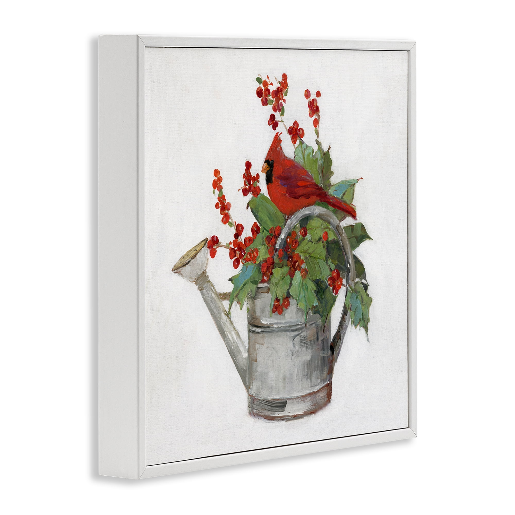 Stupell Industries Cardinal & Watering Can Holiday Painting White Framed Art Prints Wall Art, 12 x 12