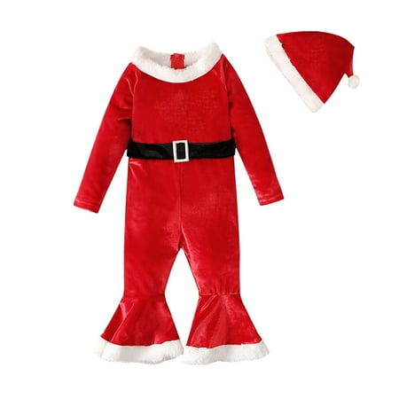 

YWDJ 1-7Years Outfit Sets for Girls Toddler Kids Christmas Fashion Cute Trumpet Bow Jumpsuit Flared Pants Suit Red 5-6Years