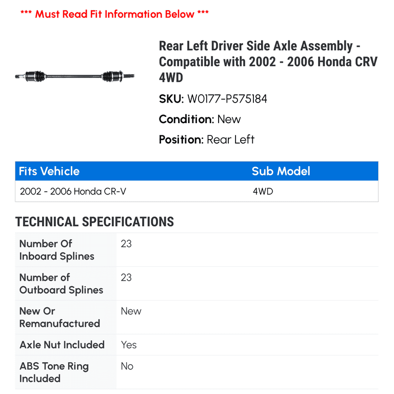 Axle Assembly Rear Left For 2002-2006 Honda CR-V 4WD - 23 Spline New ...