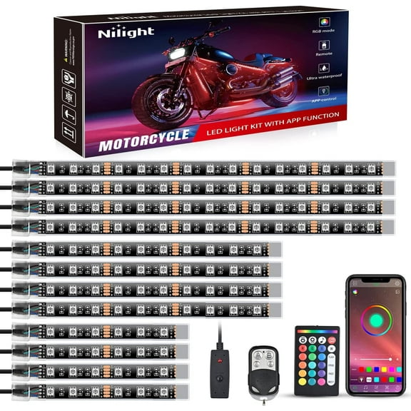 Nilight 12PCS Motorcycle RGB Led Light Kit Waterproof Multi Color Atmosphere Neon Accent Light APP and Remote Control Underbody Light Strips for Harley Davidson Honda Kawasaki Suzuki