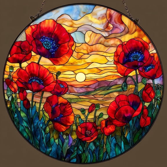 Field Of Poppies Stained Glass Suncatcher, Red Poppy Flower Window Hanging Decor, Poppy Flower Lover Gifts, Sunset Floral Garden Decor