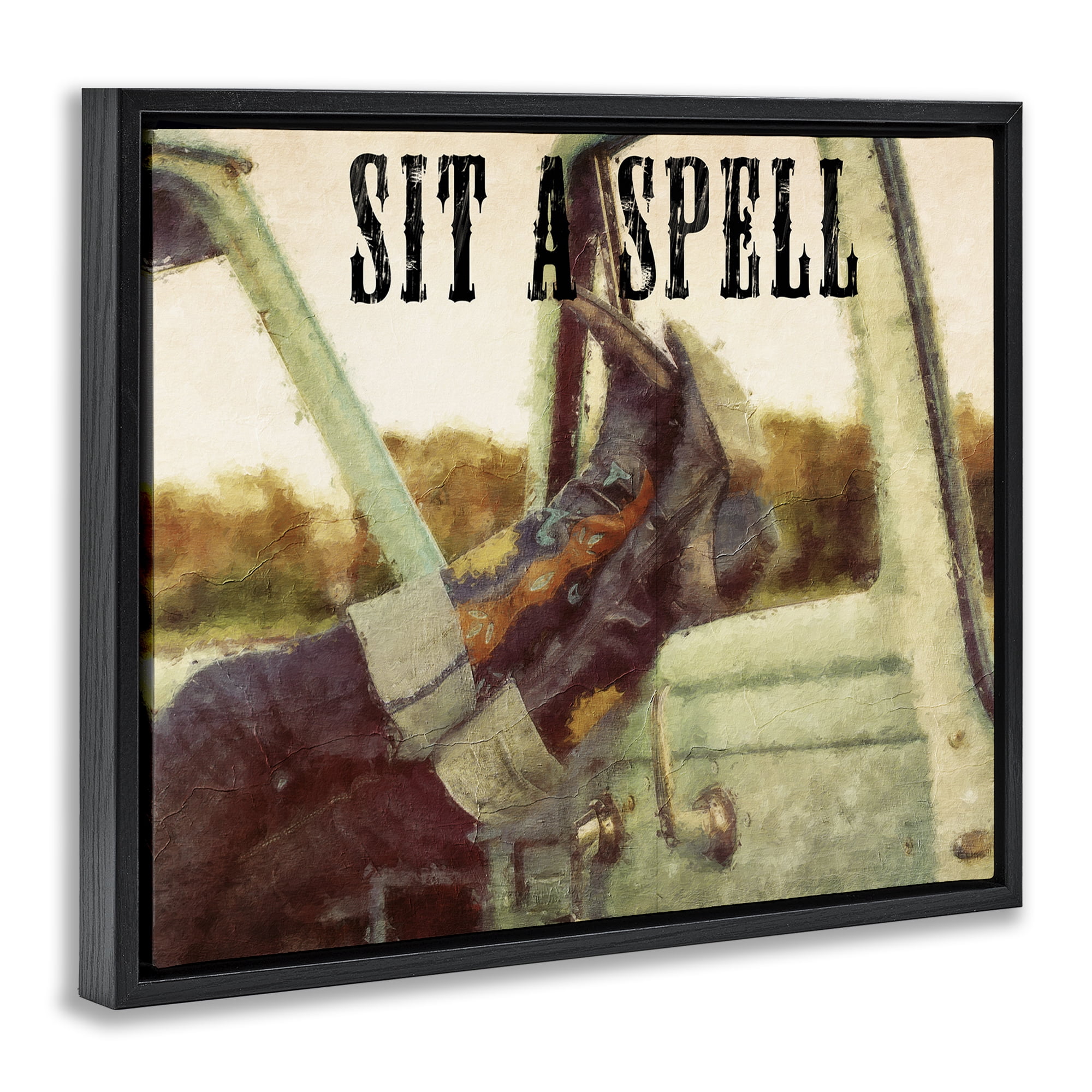 Stupell Industries Sit A Spell Cowboy Typography Painting Black Floater Framed Art Print Wall Art, 31 x 25