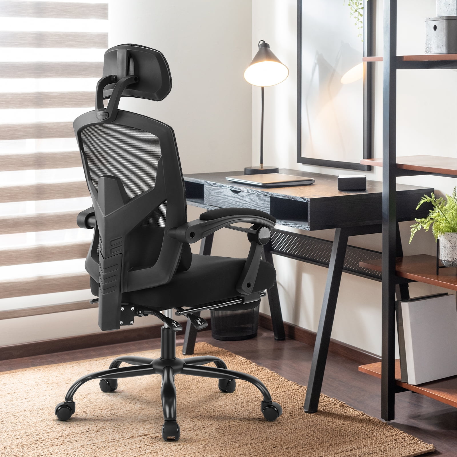 JIOABL Ergonomic Office Chair - High Back Mesh, Reclining with Lumbar Support, Adjustable Headrest, Footrest & Padded Arms, Black