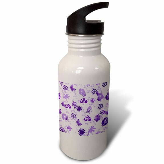 3dRose, Pretty Lavendar Butterflies and Purple Flowers, 21 oz Sports Water Bottle