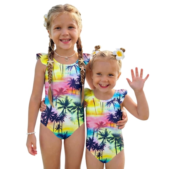 Grblisyd Girls One Piece Swimsuit Flutter Sleeve Hawaiian Quick Dry Crew Neck Swimwear Beach Sport Bathing Suit for Kids 4t