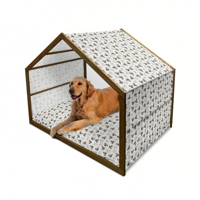 Dog Pet House Pug Portraits Traces Paw Print Background Canine Pet Illustration Mammal Animal Outdoor Indoor Portable Dog Kennel with Pillow and
