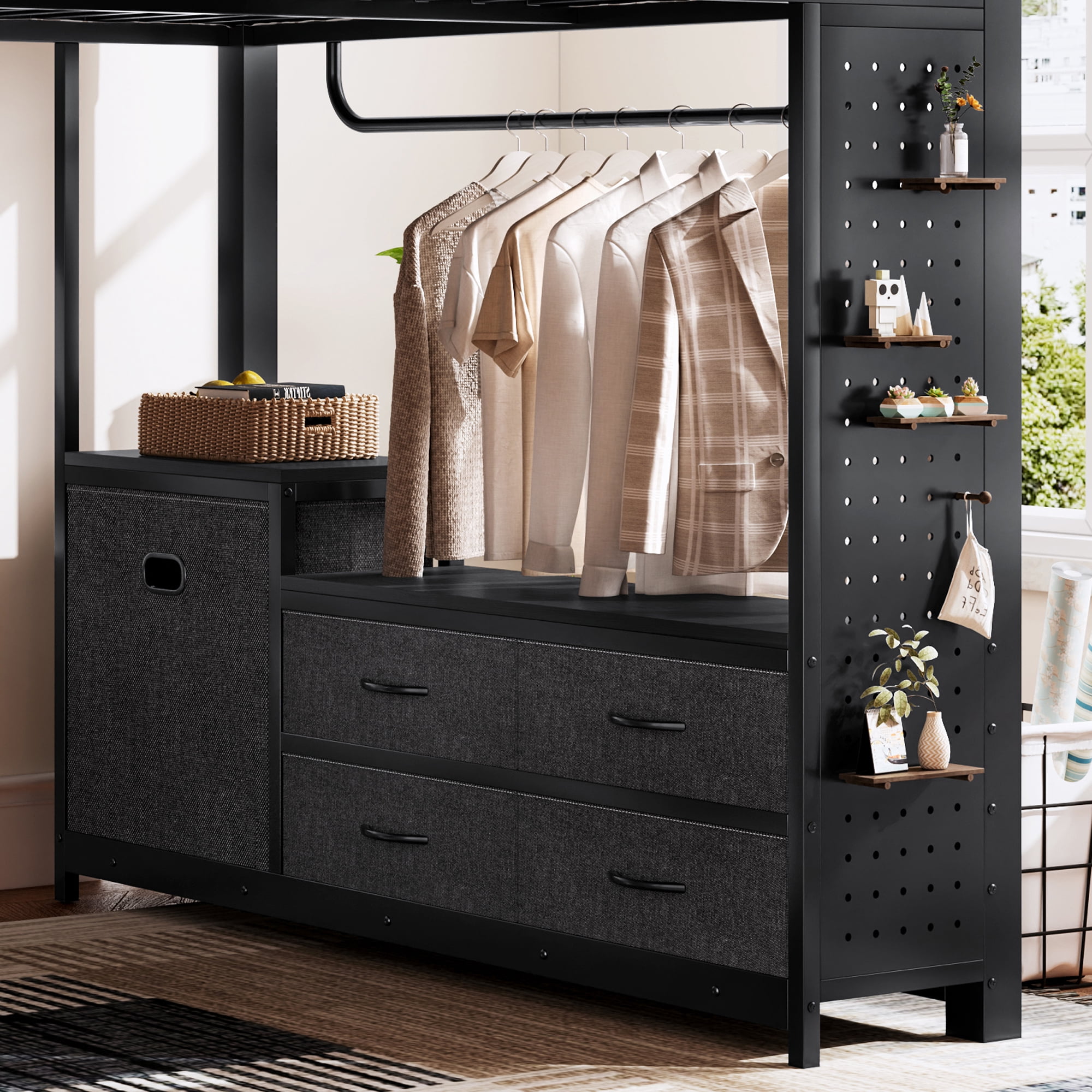 Queen Size Loft Bed with Desk & Storage Shelves, Metal Loft Bed Frame with Clothesline Pole & Pegboard, Space-Saving Adult Loft for Dorms, Apartment, Black