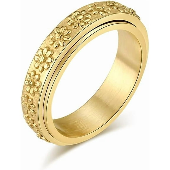 Women's Anxiety Ring 6MM Stainless Steel Spinner Ring Daisy Sunflower Pattern Wedding Band Fidget Tool