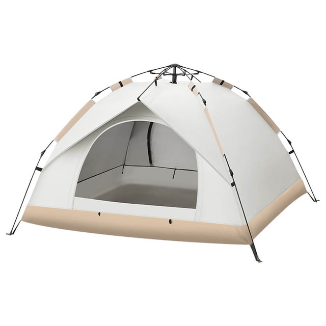 tienda abierta rápida, impermeabilidad de la carpa emergente de la carpa emergente para acampar para acampar Anggrek: vista frontal 3/4 de carpa pop-up blanca con base beige y varillas de fibra de vidrio expuestas, puerta en arco con panel interior de malla y costuras de tela Oxford, estructura de apertura rápida adecuada para campamento; a menudo usada también como refugio recreativo temporal en playas o parques.
