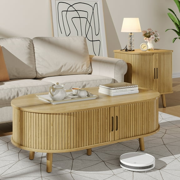 Oval Coffee Table, 42.5" Coffee Table with 360° Sliding Tambour Door, Fluted Accent Center Table with Storage, Mid Century Modern Coffee Table for Living Room, Center Table Natural OAK