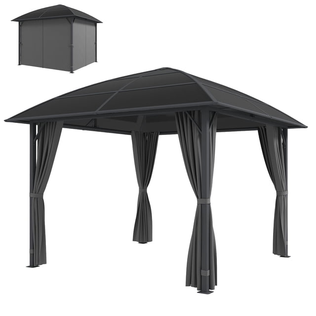 Gazebo à Toit Rigide 10x10 avec Toit en Polycarbonate UV50+, Pavillon Extérieur à Cadre en Acier et Aluminium avec Rideaux d'Intimité et Crochet Central, Gris Pâle pour Patio et Cour Arrière