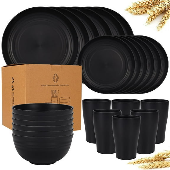 AILKIN Wheat Straw Plates and Bowls Sets for 6,Unbreakable Dinner Plates,Dishes Sets,Reusable Plate and Bowls Microwave Dinnerware Dishwasher Safe,Plastic Dinnerware Sets,Black