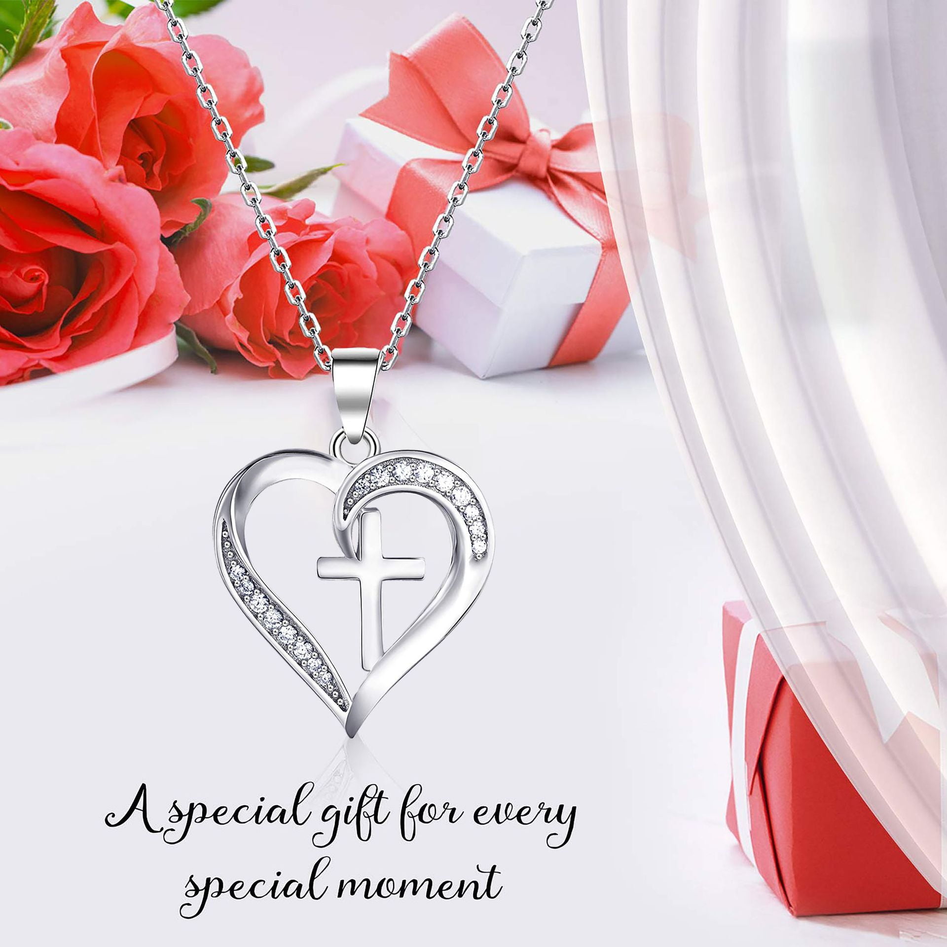 NICKSUN Heart Cross Necklace for Women Baptism Confirmation Easter Gifts